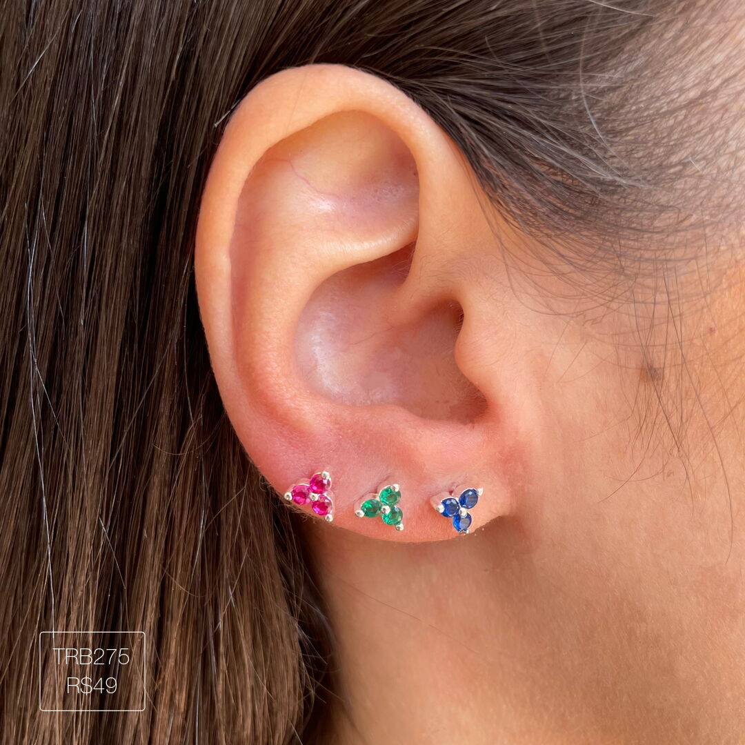 Trio de Brinco Ponto de Luz Triplo Azul/Verde/Rosa Prateado